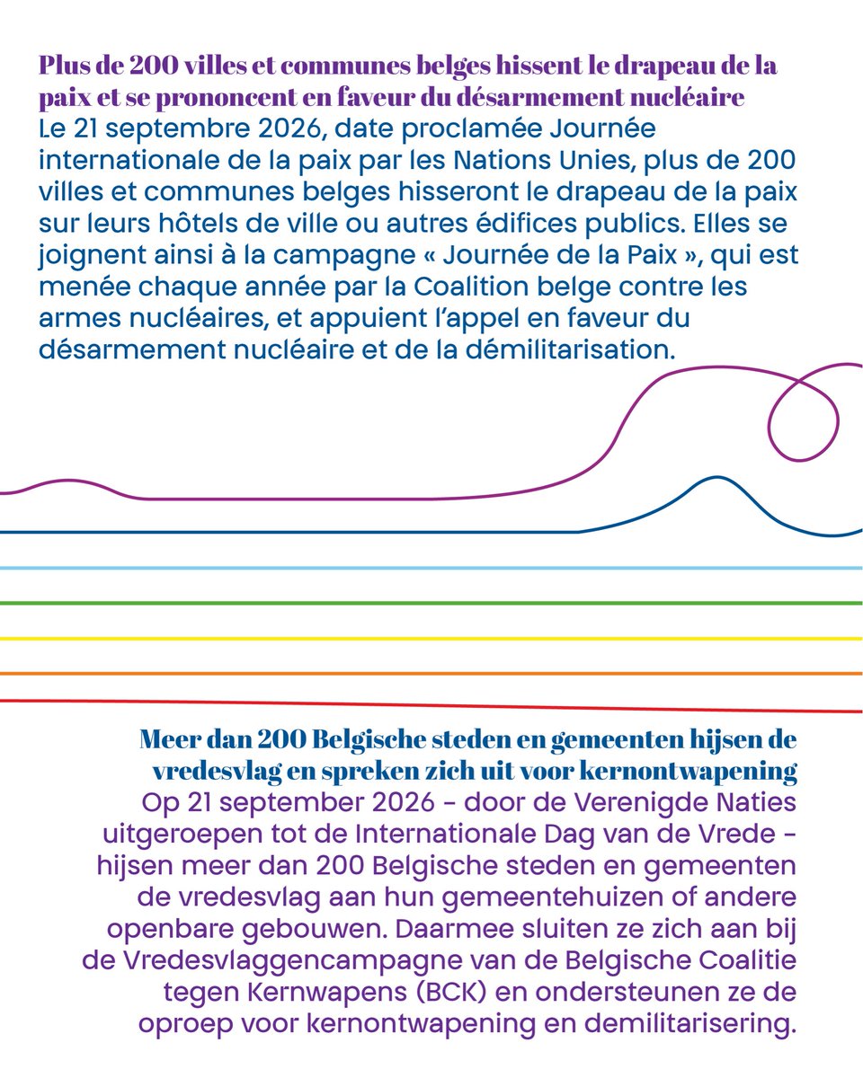 nonukesbe's tweet photo. 🌈☮️ Journée de la Paix 2026 · Plus de 200 villes et communes belges hissent le drapeau de la paix et se prononcent en faveur du désarmement nucléaire

Dag van de Vrede 2026 · Meer dan 200 Belgische steden en gemeenten hijsen de vredesvlag en spreken zich uit voor kernontwapening https://t.co/YT90lrPdg0
