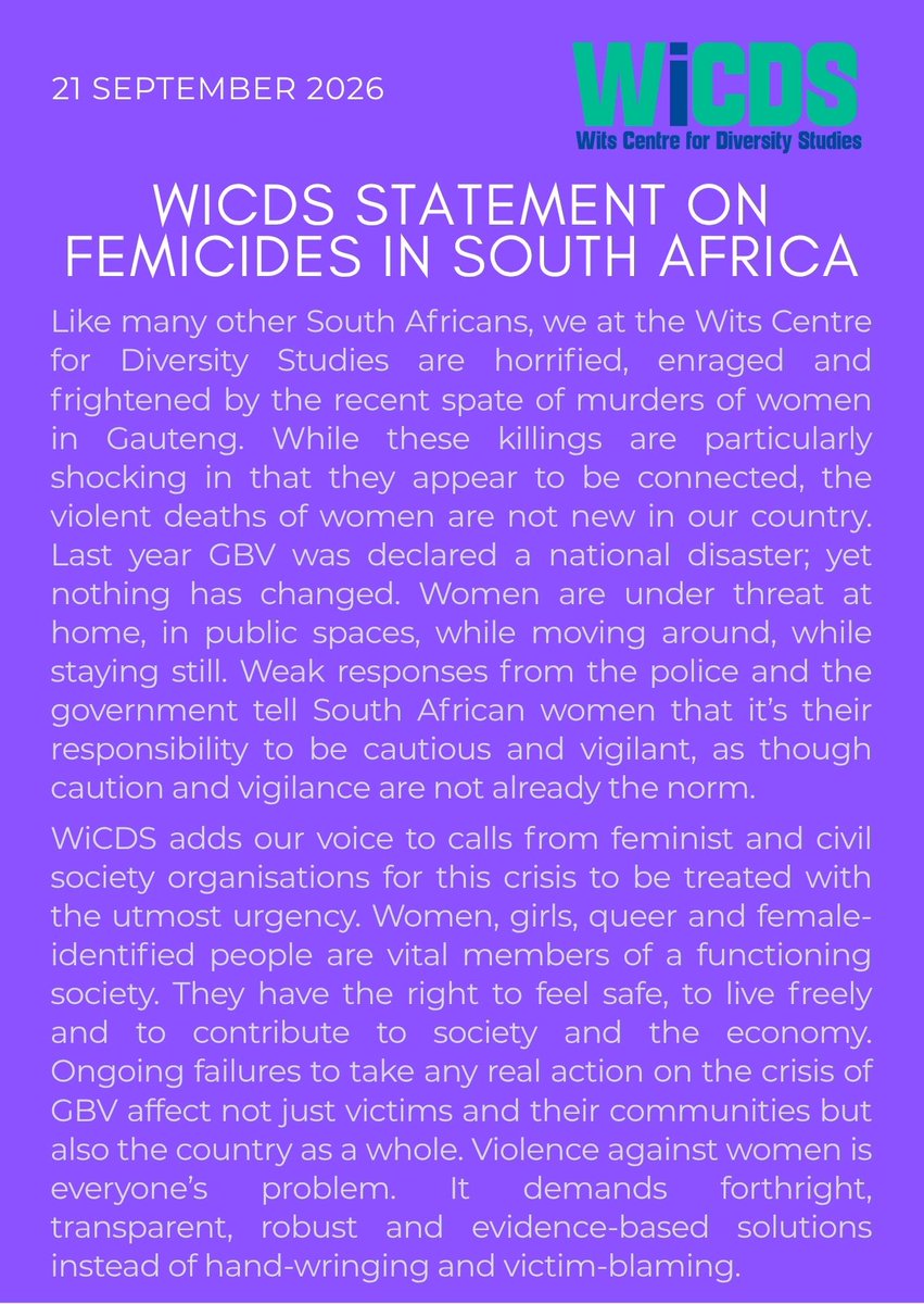DiversityCentre's tweet photo. Violence against women is everyone’s problem!
The Wits Centre for Diversity Studies adds its voice to calls from feminist and civil society organisations for the crisis of gender-based violence and femicide in South Africa to be addressed with the utmost urgency.

#WiCDS #GBV #SA https://t.co/rRYw14kOo5