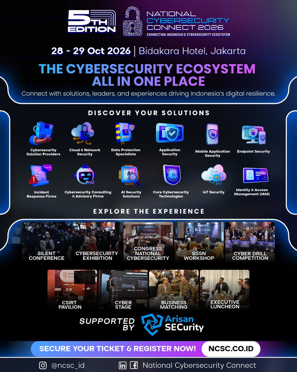 ArisanSecurity's tweet photo. CYBERSECURITY   TERUS BERUBAH. KAMU SUDAH SIAP MENGIKUTINYA? 🔐⚡
Kalau   kamu penasaran dengan teknologi terbaru, perkembangan AI, tren cybersecurity,   sampai peluang kolaborasi di industri, NCC 2026 wajib masuk radar kamu. https://t.co/KYivGrrldv