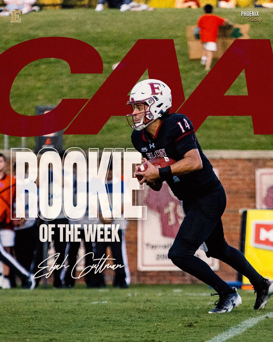 ElonFootball's tweet photo. First Start. First CAA Weekly Award. 

No Big Deal. 😮‍💨

Congratulations to Elijah Guttman on being named CAA Rookie of the Week! 

#PhoenixRising | #AED https://t.co/aYThe5JwCA
