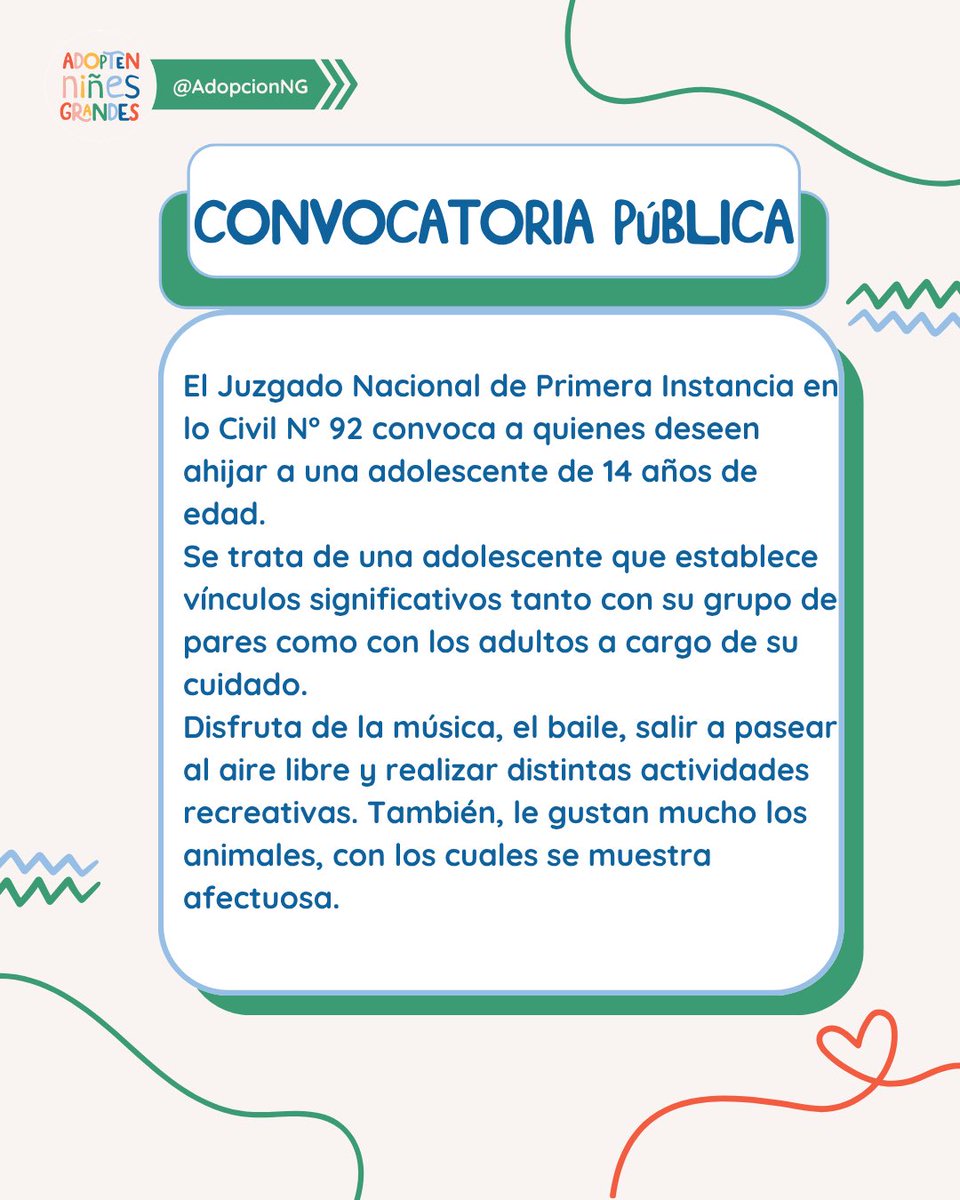 AdopcionNG's tweet photo. Difundir también es una forma de acompañar.

Compartimos la convocatoria para encontrar una familia para una adolescente que espera construir vínculos estables, afectivos y duraderos. https://t.co/3PsHriFlfA