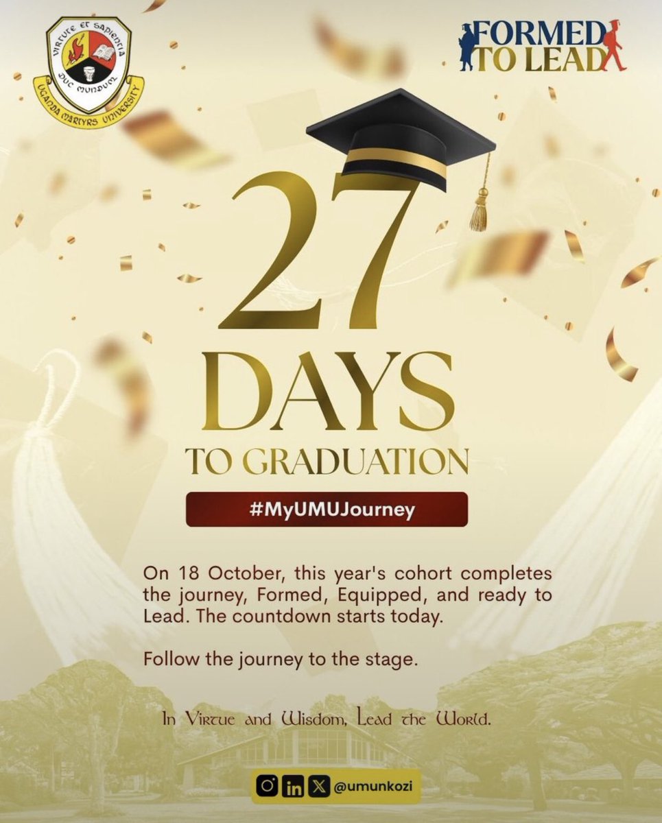 UmuUnion's tweet photo. 27 days left.π
From late night assignments to finally wearing that gown. On 18th Oct, Class of 2026 becomes Difference Makers.
We are not late. We were being Formed To Lead.
Countdown starts NOW! β³
#MyUMUJourney #UMU32ndGrad #FormedToLead https://t.co/EtjauOA3F7