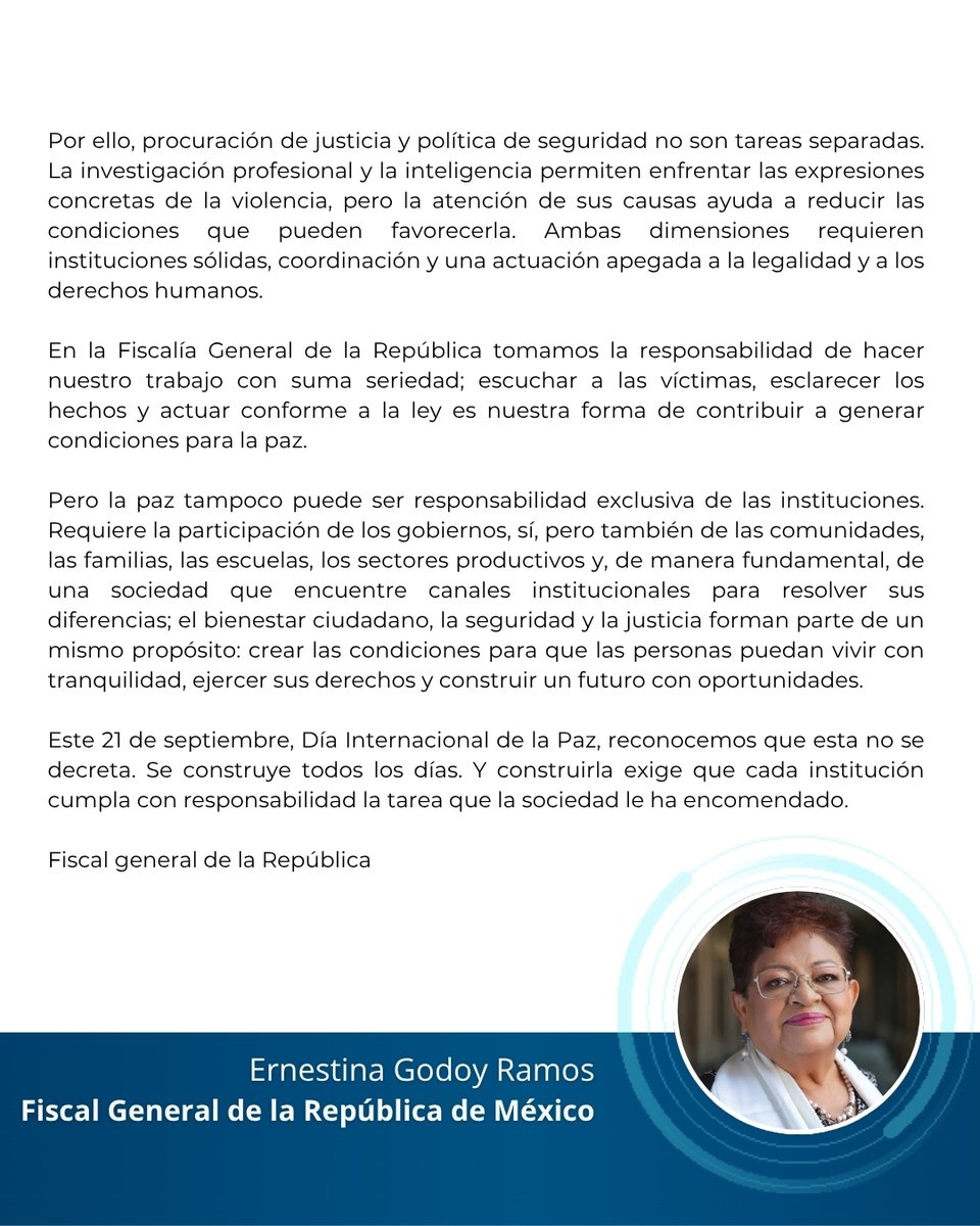 ErnestinaGodoy_'s tweet photo. En este 21 de septiembre, 🕊️ Día Internacional de la Paz 🕊️, dedico el espacio de mi columna semanal a hablar sobre cómo las acciones de las instituciones del Estado, contribuyen, junto a la ciudadanía, en alcanzar este estado de tranquilidad y armonía que significa la Paz. 
La comparto con ustedes.  🔗🌐https://t.co/ljWr43r4sj