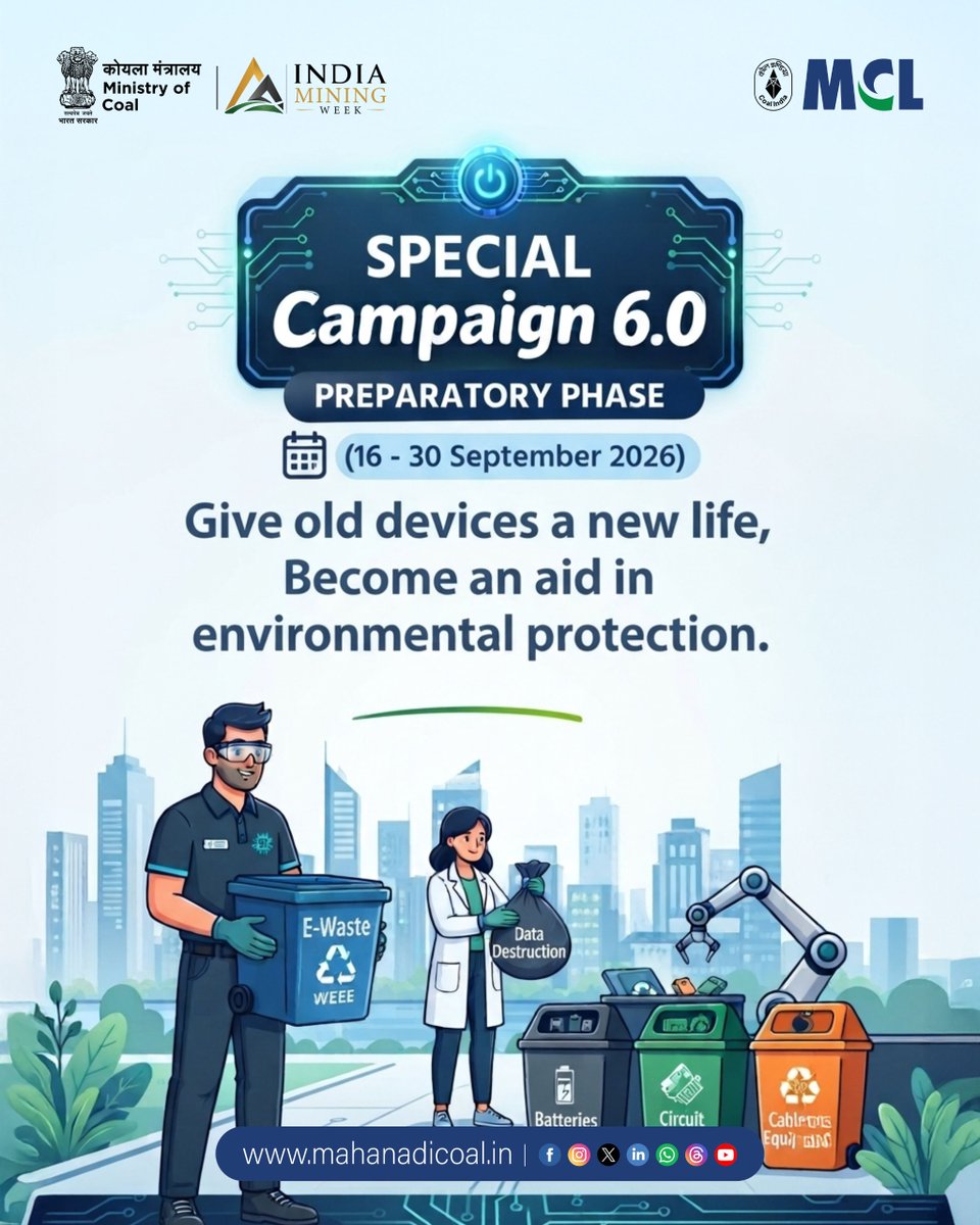 mahanadicoal's tweet photo. Special Campaign 6.0 | E-Waste Management
Give Old Devices a New Life.
Dispose of e-waste safely, recycle responsibly, and be an ally in environmental protection.
#specialcampaign6 #SwachhataHiSeva #SwachhataHiSeva2026 #SHS2026 #Swachhotsav #SwachhBharat #mymcl #coalindia #EwasteManagement #CoalIndia
@kishanreddybjp @satishdubeyy @CoalMinistry @CoalIndiaHQ @DARPG_GoI @MoJSDDWS @SwachhBharatGov @swachhbharat @MoHUA_India