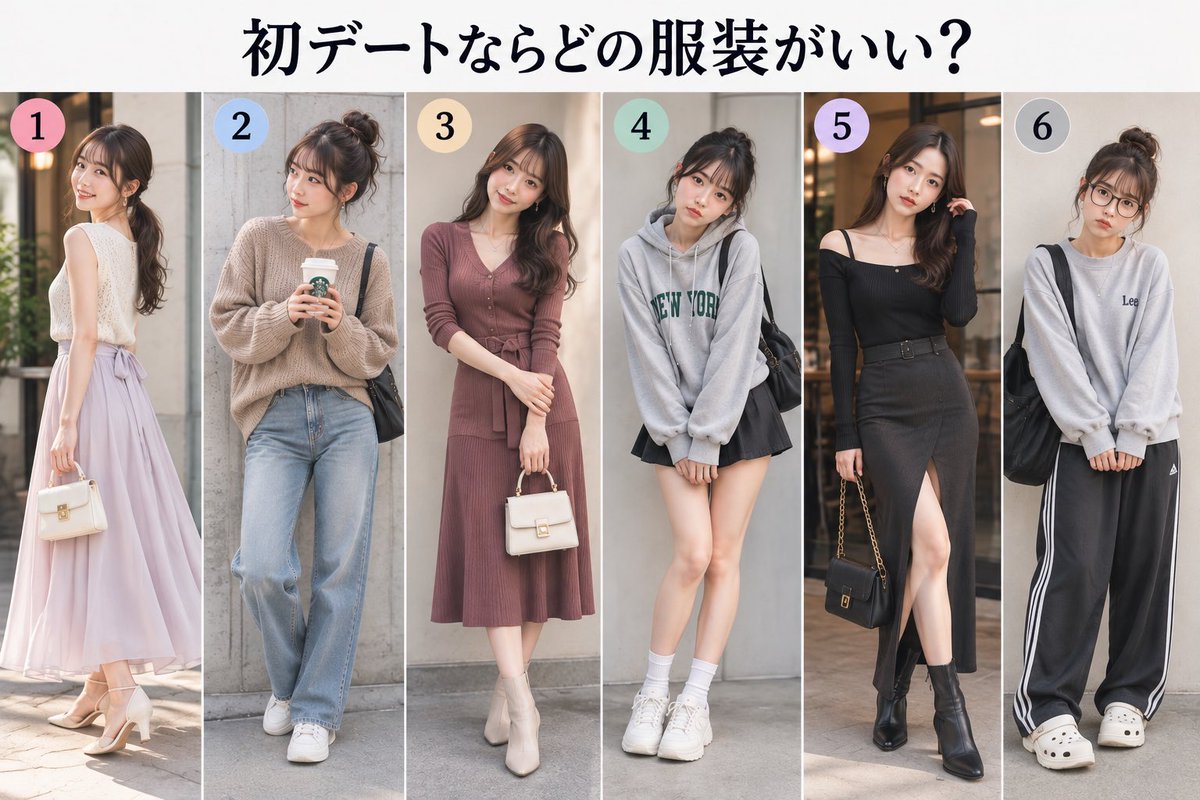 waka_skincare's tweet photo. 男って「服なんて気にしない」って言うけど、

初デートにこの6人が来たら絶対反応違うよね。
何番がいい？ https://t.co/NYZ6hGngUF