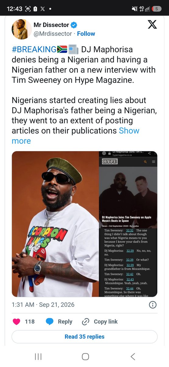 Mrdissector's tweet photo. My name is on Briefly South Africa for exposing the Nigerian lies and false claims while bringing a new interview evidence of Maphorisa denying the claims. Nigerians lie for a living,  but not on our watch👌❌️ https://t.co/DkqNKMDw41