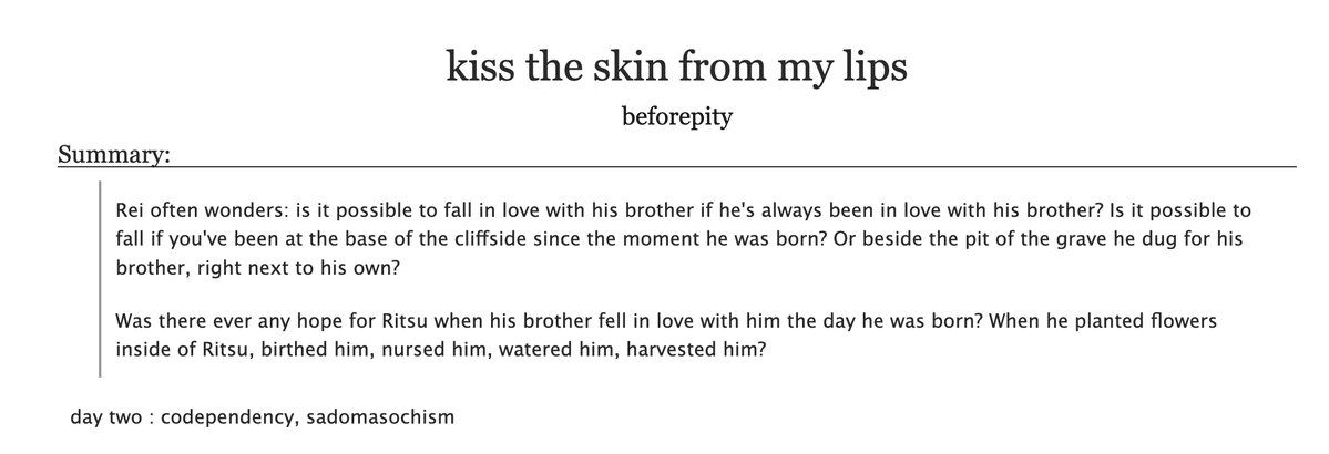 floralaspic's tweet photo. kiss the skin from my lips

{ #enstars #reiritsu #ESNSFWWEEK26 }     

2.4k words | rated E | codependency (and a touch of sadomasochism) https://t.co/ueXJPbavUq