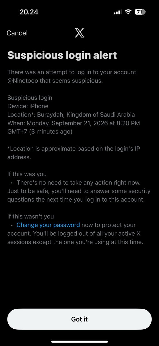 Ninotooo's tweet photo. Someone tried to access my X account!! So scary 🤯 wth bruhh 🫨 https://t.co/iGFlWbvvd8