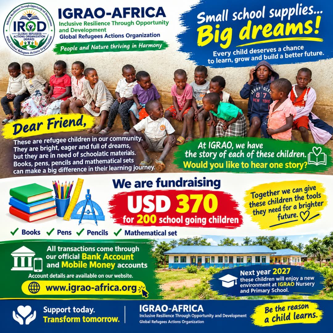 IRODGLOBALet30's tweet photo. Help 200 Refugees children with schoolatic materials

HOW YOU CAN SUPPORT
🌐 Donate through our official website:
"Donate to Support Kyangwali Refugee Community | IGRAO Africa" https://t.co/55LvNAptcY
For more information: https://t.co/biZoSJfJxI
info@igrao-africa.org https://t.co/gUkyWxQ4lJ