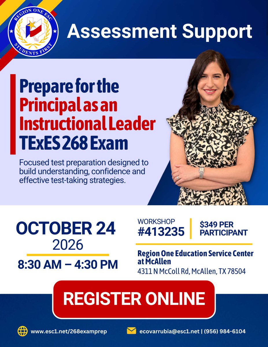 RegionOneESC's tweet photo. Future Educational Leaders: Get ready for the TExES 268 exam! Join us for an in-person test prep session on Oct. 24, 2026.

⭐ Register today at https://t.co/V24HgsqHND. https://t.co/Fegdr6K0X5