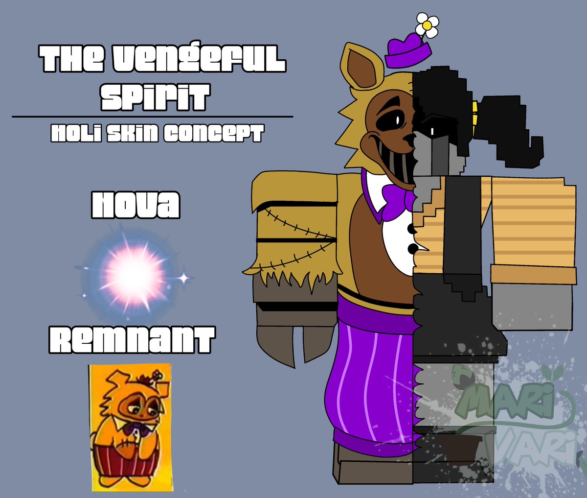 MariVari18's tweet photo. New #Noli skin concept!

I thought this was a fitting idea...but yeah I made it using the forsaken version of fredbear + tried making the spirit half more..pixelated! 🎤🐻

#forsaken #roblox #Noli #art #forsakenart #forsakenNoli #robloxforsaken #forsakenskin #forsakenskinconcept https://t.co/08Vb66bV0U