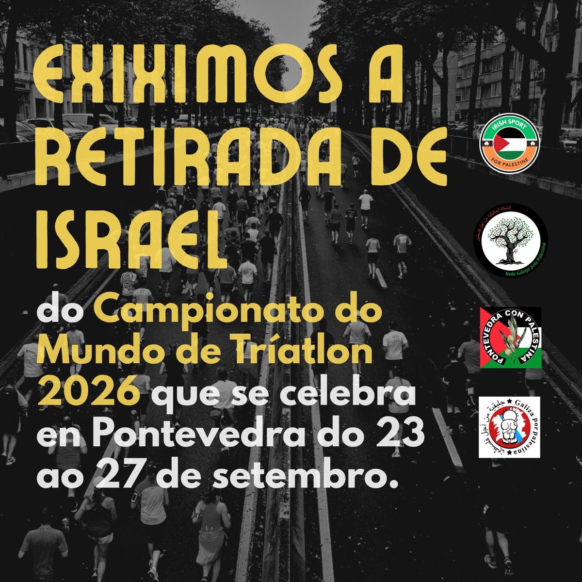 galizapalestina's tweet photo. 🚨 Israel participa no Mundial de Tríatlon de Pontevedra. Non o podemos permitir! Institucións e deporte galego están a branquear un xenocidio. 
O dereito internacional obriga a non ser cómplice. 
#boicoteisrael 
#stopsportwashing https://t.co/Dr5RQksZNj