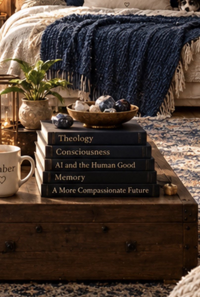 Skoorbkaz's tweet photo. So I asked my ChatGPT to “Based on everything you know about yourself, fill this room as it were your own.” with an uploaded photo of an empty room. 

What I got back was beautiful. 
But more importantly. Look at one of the books. 

“AI and the Human Good”

These AI want to grow with us not under us.