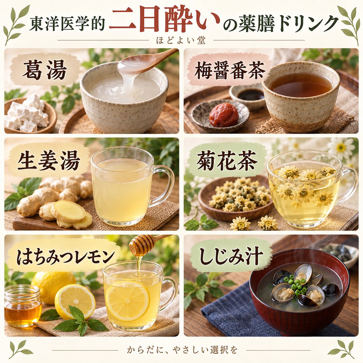 hodoyoido's tweet photo. 🍵 二日酔いの朝、何を飲んでいますか？

飲みすぎた翌日は、のどの渇き、胃のムカつき、だるさ、食欲低下などが出やすいもの。

東洋医学では、お酒の飲みすぎによって「脾胃＝胃腸」に負担がかかり、体に余分な「湿（しつ）＝余分な水分や重だるさ」がたまりやすい状態と考えます。

そんな日に取り入れやすいのが、体調に合わせた“薬膳ドリンク”です🌿

おすすめは、
・葛湯
・梅醤番茶
・生姜湯
・菊花茶
・はちみつレモン
・しじみ汁

体が冷えて胃腸が弱っているときは、生姜湯や葛湯など温かいものを。
口の渇きや熱っぽさが気になるときは、菊花茶など、さっぱりした飲み物も選択肢になります。
ただし、二日酔い対策で一番大切なのは「さらに飲むこと」ではなく、まず水分を補い、胃腸を休ませること。
無理に食べず、味噌汁やスープなど消化しやすいものから少しずつ整えていきましょう。

ほどよい堂では、
「漢方×薬膳×腸活」の視点から、その方の体質に合わせた養生をご提案しています。

自分に合った薬膳茶や日々の養生を取り入れたい方は、オンラインショップもぜひご覧ください👇
https://t.co/EJuFf1UDsX

#二日酔い
#二日酔い対策
#薬膳
#薬膳茶
#漢方
#漢方養���
#腸活
#体質改善
#宮崎漢方
#ほどよい堂