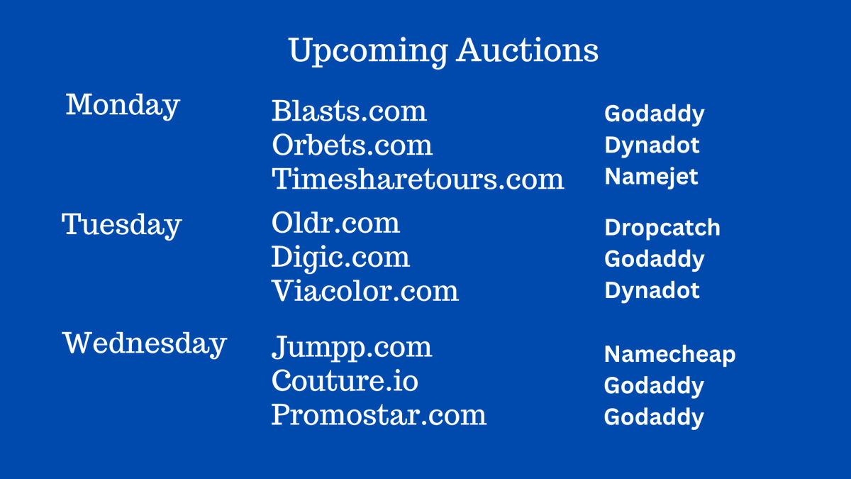 CrosshairDan's tweet photo. Expired Domain Name Auctions at Dropcatch, Dynadot, Godaddy Namecheap and Namejet, Monday - Wednesday! Check for Trademarks. #Marketing #Startups #CMO https://t.co/pzPPeMZbkL