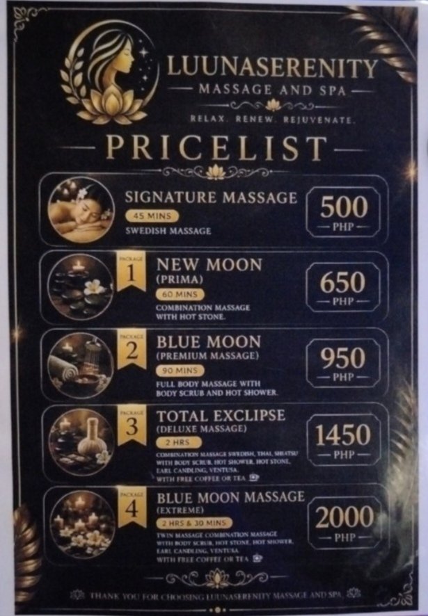 Johnnygacad's tweet photo. Tara po try na kayo dito sa Luunaserenity imus ito po mga package ng massage! :) https://t.co/YsKisZfJ1w