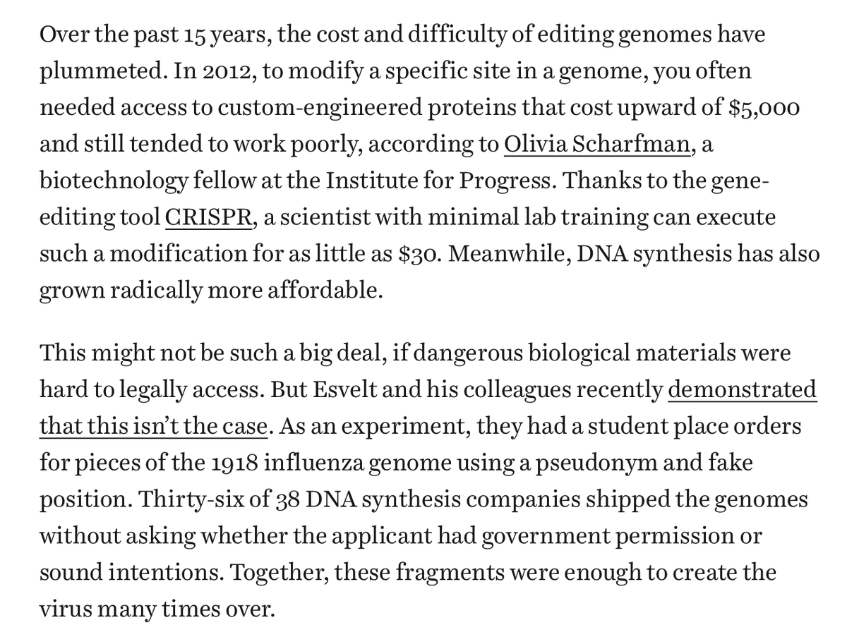 EricLevitz's tweet photo. Engineering viruses has never been cheaper or easier.

As of 2024, virtually anyone could buy all the synthetic DNA needed to recreate the 1918 flu. And Trump has since *loosened* regulations on DNA synthesis companies

More in the piece (unpaywalled):
 https://t.co/HP4ddgml4C https://t.co/ZGzKiOSwdm