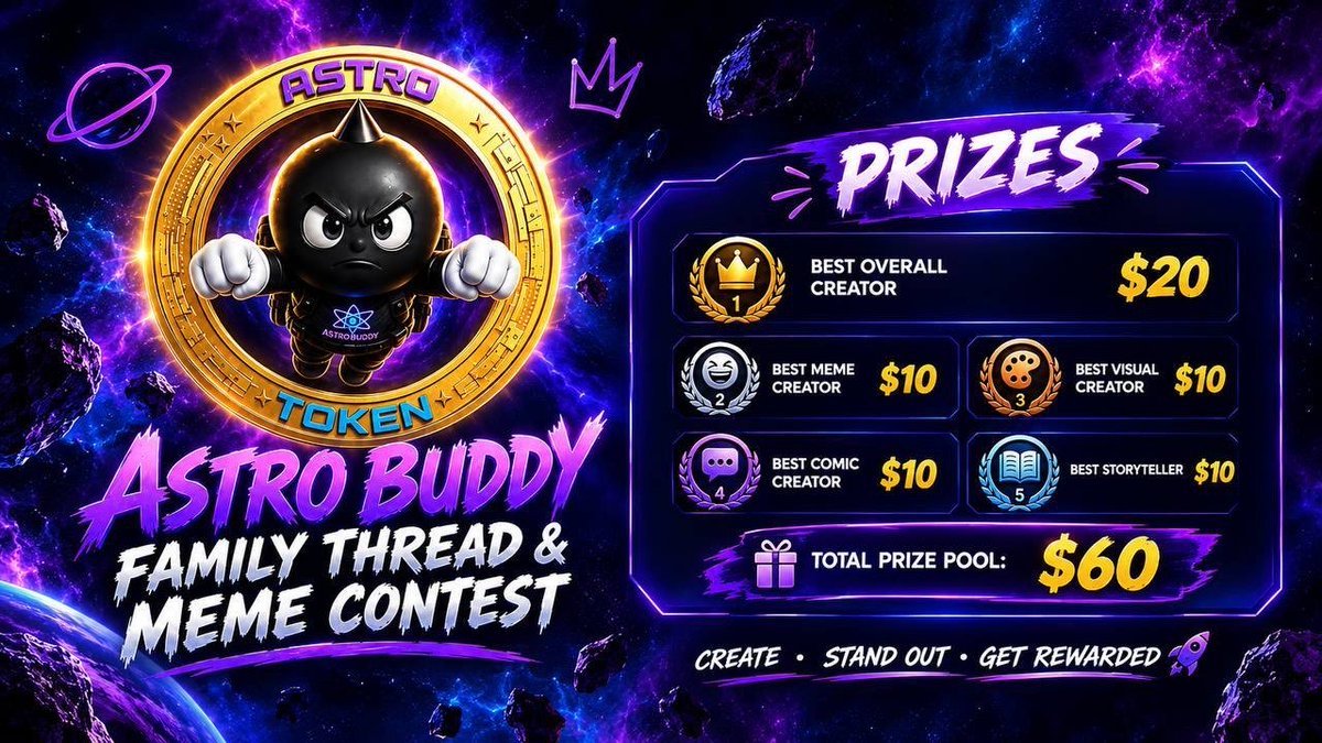 AstroBuddyToken's tweet photo. ASTRO THREAD & MEME CONTEST

Create. Stand out. Get rewarded.

Choose your style:
Memes • Visuals • Comics • Storytelling

Duration:
Start: September 21 12PM UTC
Ends: September 30 11:59PM UTC 

PRIZES
Best Overall Creator — $20
Best Meme — $10
Best Visual — $10
Best Comic — $10
Best Storyteller — $10

$60 TOTAL PRIZE POOL

Join the Tg community and submit your entry in contest submission topic 

Original content only. Stay active, get creative, and show us what you’ve got.

CREATE • STAND OUT • GET REWARDED