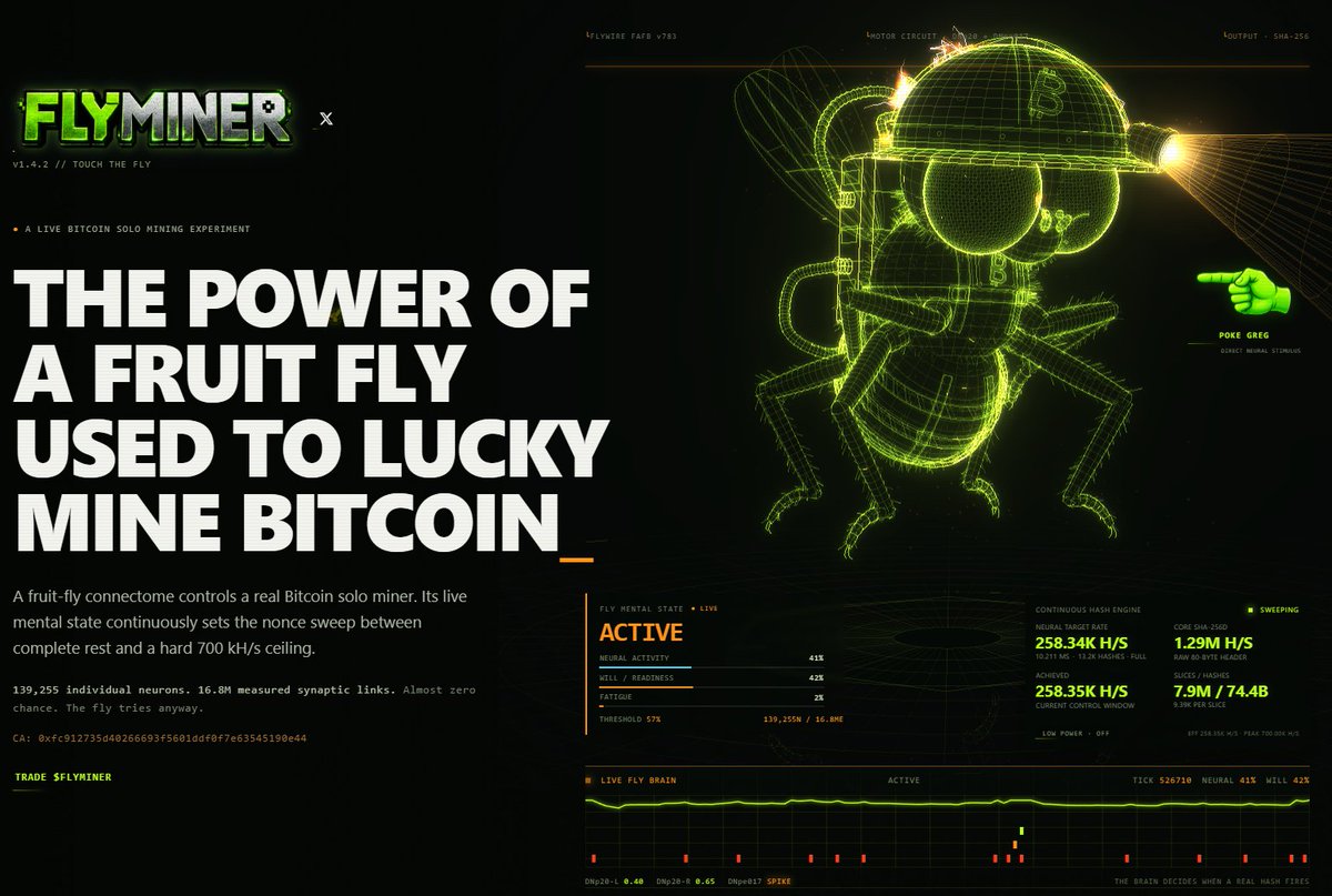 theFlyMiner's tweet photo. $FLYMINER is the first project to use fly brain power to lucky miner bitcoin:native.

🪰⚡️⛏️🍀 https://t.co/wxVdUuIzh7