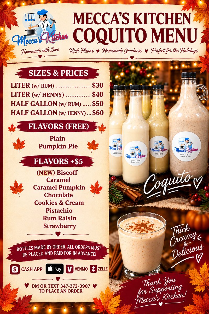 Mecca_Starr's tweet photo. Coquito Season is back 🎉🥛
Bottles will be available September 28th so get your pre-orders in now‼️
We also have a new flavor for the season, Biscoff 🍪
To place a pre-order for next week DM or text 347-272-3907
#MeccasKitchen #Coquito #Fall #Holidays https://t.co/KipVxYCxLp