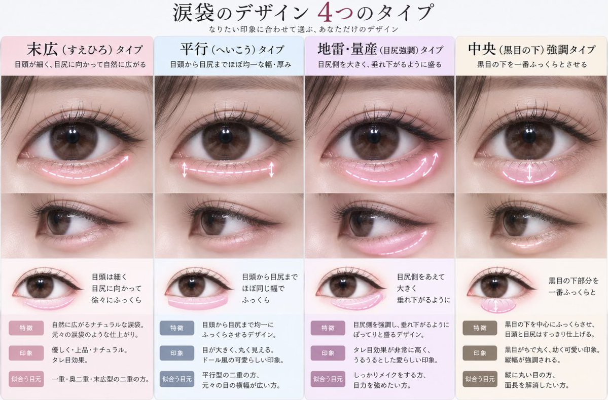 biyou_suki_up's tweet photo. "垢抜けの一歩"涙袋ヒアルロン酸👁️

『皆さんの好みは❓』
実は涙袋って「ある・ない」よりも、どこをぷっくりさせるかで印象がかなり変わる✍️

末広・平行・目尻強調・黒目下強調etc...

なりたい目元に合わせた4つのデザインをまとめました👇
20-30代は高級なメイクよりも涙袋でコスパ良くなる気もする。