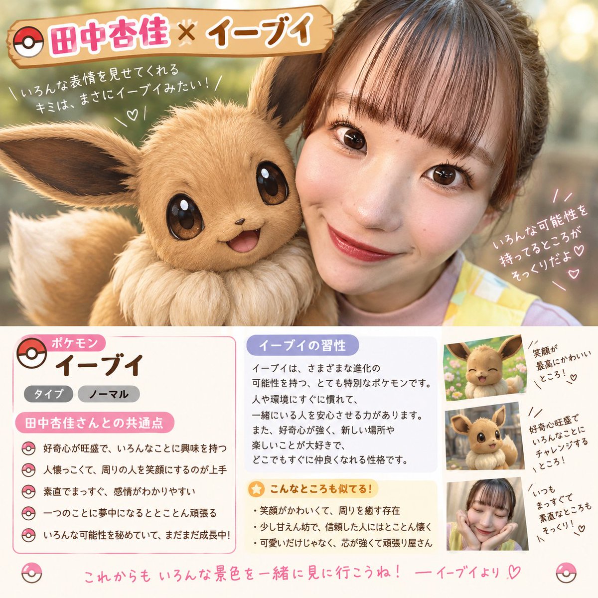 44betts's tweet photo. 便乗してポケモンバージョン
赤緑世代も知ってるポケモンでよかったw

可能性は無限大！
これからもいろんな景色を一緒に見に行こうね！だってさ🤭
#田中杏佳 https://t.co/adOyTeD39S
