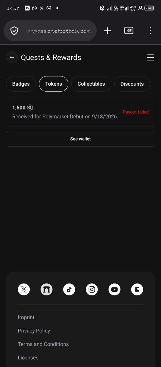 Keedd_X's tweet photo. Hi,

I finished the Polymarket Debut quest on FanPass yesterday (18 September 2026). The app says I earned 1,500 OFC, but next to it it says “Payout failed.” The tokens are not in my wallet.

My FanPass email is williamsdivine789@gmail.com
My wallet is 0x66f0Ec64d90443664AA482f01f1f57DC9c15a50A

I created my FanPass, started the quest, signed up on Polymarket with the OneFootball link, deposited at least $10, then went back to FanPass. After that the reward showed up, but the payout failed.

Please check this and send the 1,500 OFC to my wallet.

I attached a screenshot.

Thanks.