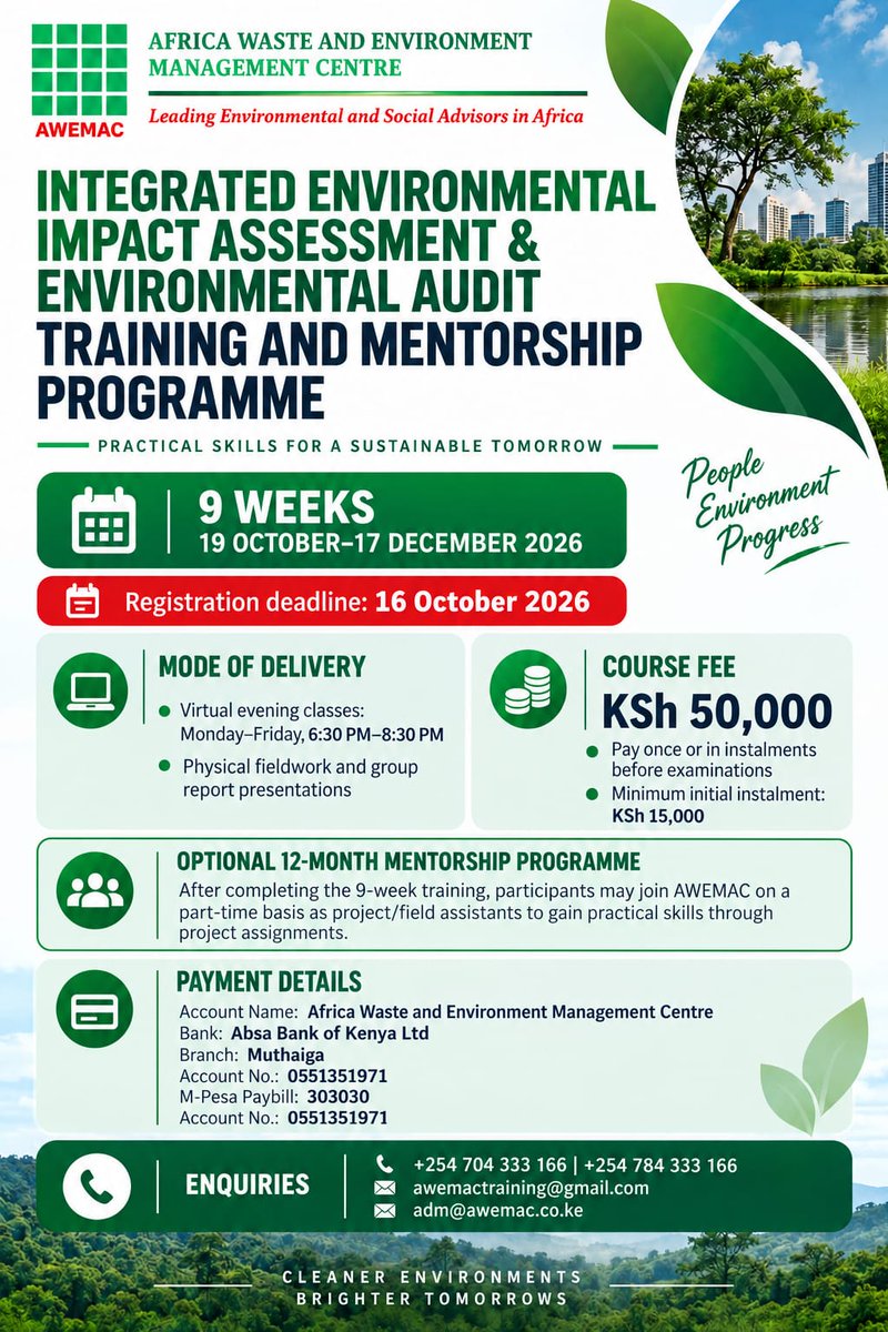 AWEMAC's tweet photo. Are you looking for an opportunity to kick start your professional career as an Environmental and Social Expert?

Registration for our ESIA/EA Training is ongoing. Contact us using the details provided in the advert and register. 

Train with the best. Train with AWEMAC. https://t.co/hZn6tEa2FL