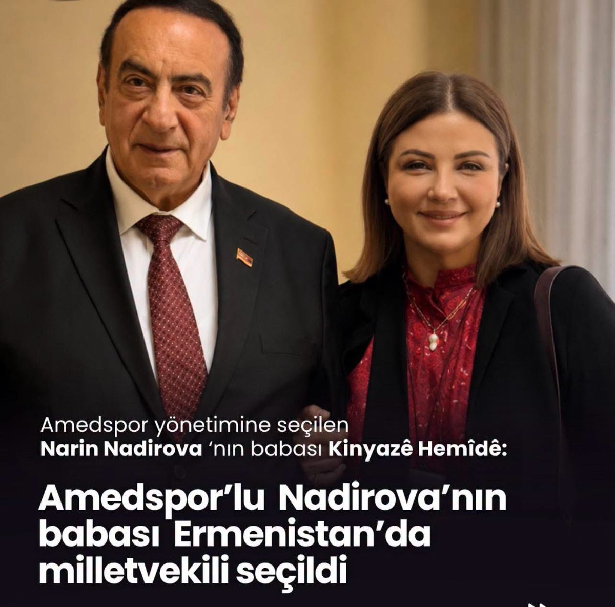 AvarBanu's tweet photo. İlişkileri görmek çok şeyi anlamamızı sağlar…

Şu Diyarbakır adını değiştirip Amed olarak telaffuz edenler bu şehrin Büyükortadoğu projesinin kalbi olacağını da ima ettiler. 

Yugoslavyada olduğu gibi ilk adımlar müzikle sanatla  futbolla atıldı. Birden bir spor klübü ortaya çıktı adı Amedspor oldu. Yöneticisi Narin Nadirova Kazakistan ve dünyada şubeleri olan Home Credit Bank CEOsu.  Kendisini  kürt ekonomist ve aktivist olarak tanıtıyor. 
Babası ise Ermenistanda milletvekili..,
Bu  ve benzer konuları kurcalamayı ihmal etmeyin…