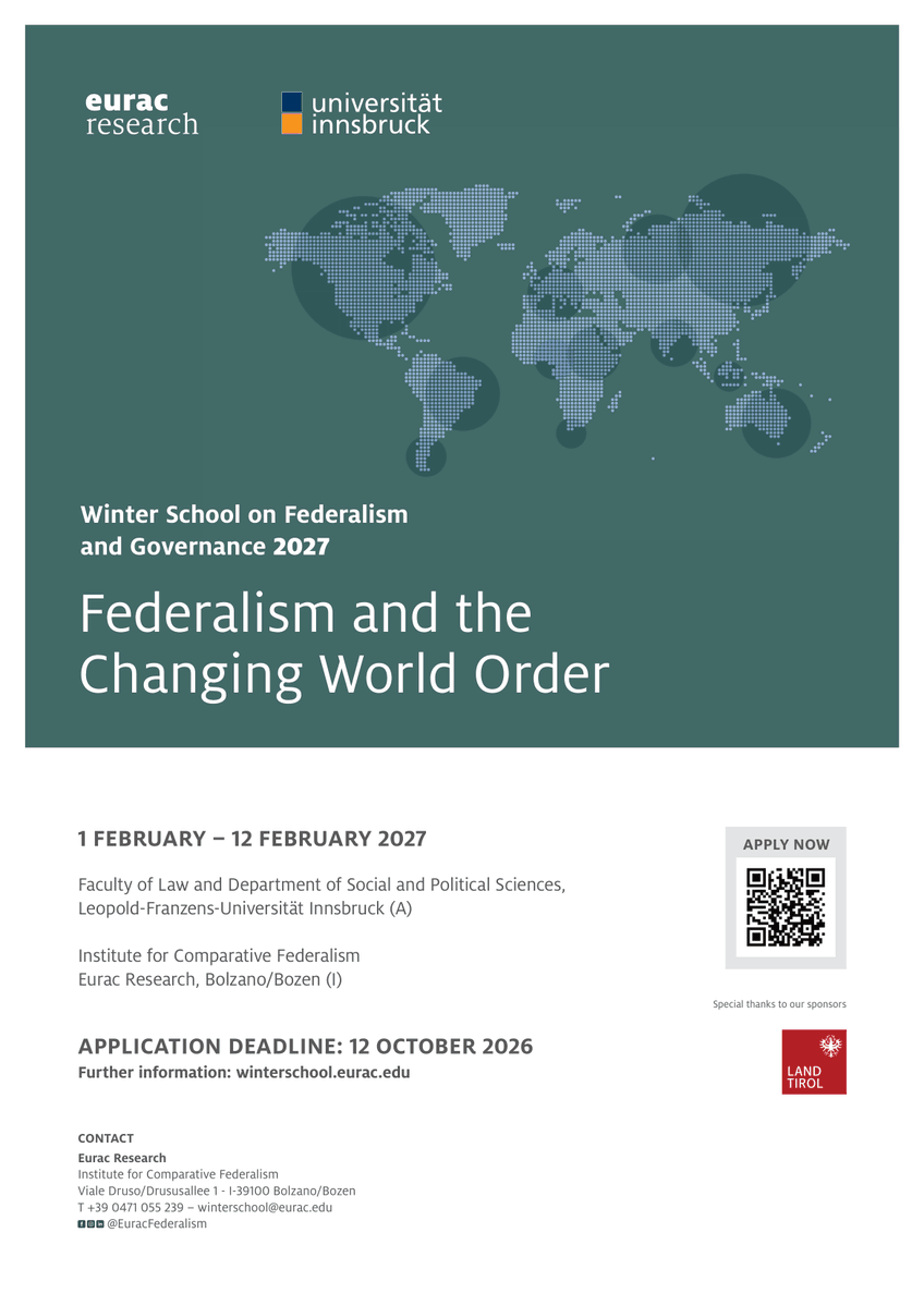 ForumFed's tweet photo. Eurac Research and the University of Innsbruck, are accepting applications for the Winter School on Federalism and Governance 2027, Federalism and the Changing World Order

⏰Apply by 12 October 2026 https://t.co/jxH5BhJtoY