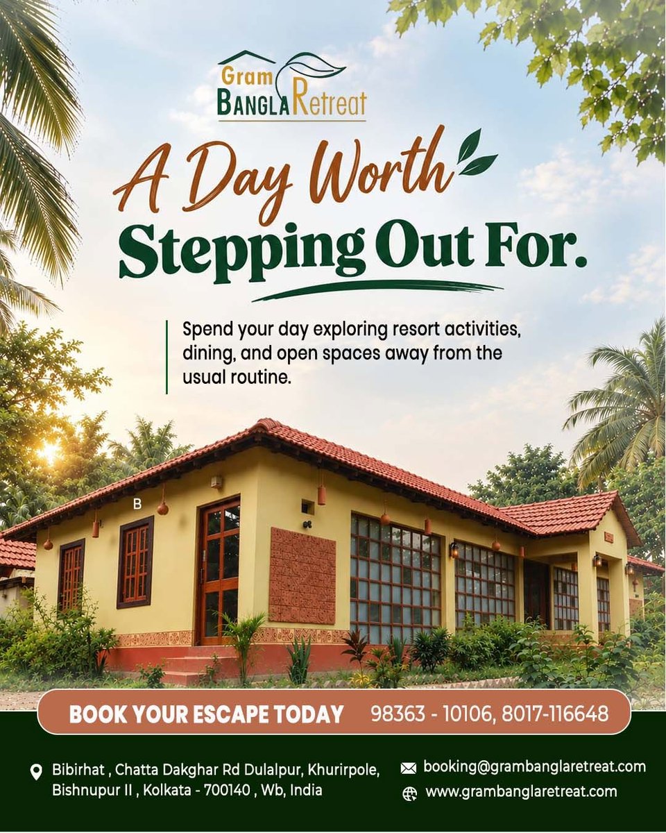 RetreatGram's tweet photo. Escape the routine and make your day worth stepping out for.
Spend the day exploring, dining, relaxing, and enjoying open spaces at Gram Bangla Retreat—your perfect getaway for a refreshing break from the usual.

98363-10106 | 8017-116648
 https://t.co/e6FVbxHCul
 booking@grambanglaretreat.com

#GramBanglaRetreat #DayOut #WeekendGetaway #KolkataGetaway #ResortLife #DayTrip #Staycation #EscapeTheRoutine