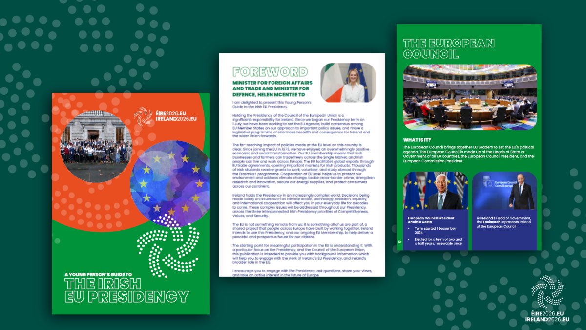Ireland2026eu's tweet photo. Minister for Foreign Affairs and Trade, @HMcEntee and Minister of State for European Affairs, @ThomasByrneTD, today launched ‘A Young Person’s Guide to the Irish EU Presidency’, and the ‘EU and Me’ competition.

👉https://t.co/AblFPc4JdN https://t.co/pfa1FC3S9g