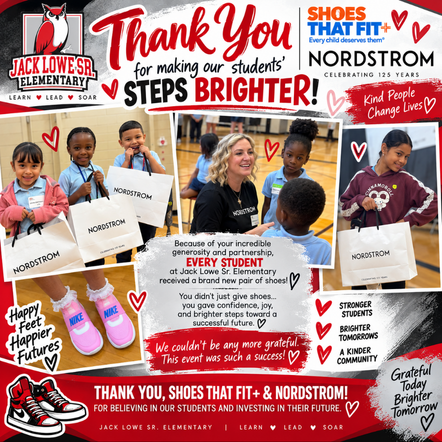 JLEFamConnect's tweet photo. A heartfelt thank you to Shoes That Fit and Nordstrom for generously donating 483 pairs of shoes to the students of Jack Lowe Sr. Elementary! Your kindness and support are making a meaningful difference in our school community. 👟❤️✨ https://t.co/omqp59r2cE