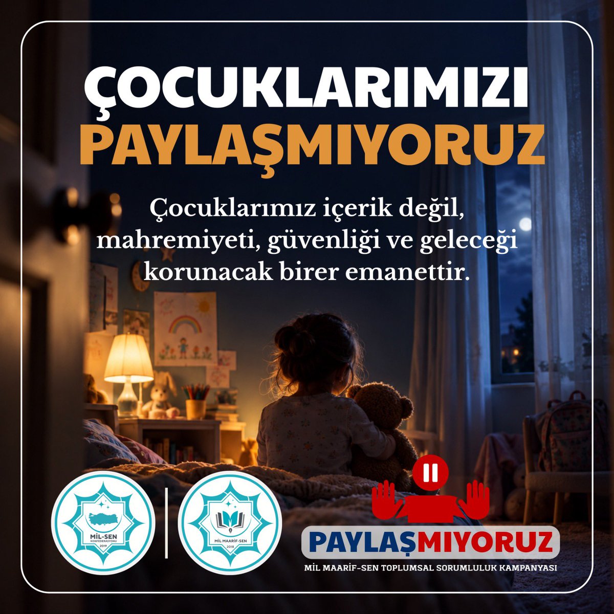 msmdgsn's tweet photo. ÇOCUKLARIMIZI PAYLAŞMIYORUZ.

Çocuklarımızın fotoğrafları, videoları, özel anları ve kişisel bilgileri sosyal medyada sıradan birer içerik değildir. Bugün masum görünen bir paylaşım, yarın onların mahremiyetini, güvenliğini ve dijital geleceğini etkileyebilir. 

Çocuklarımız adına verilen her paylaşım kararının sorumluluğunu taşıyor; onların kişilik haklarını, özel alanlarını ve güvenliğini korumayı önceliyoruz. Çünkü çocuklarımız içerik değil; mahremiyeti, güvenliği ve geleceği korunacak birer emanettir.

PAYLAŞMIYORUZ.

Siz de çocuklarımızın dijital dünyadaki mahremiyetinin korunmasına katkı sağlayın; farkındalığı büyütmek için mesajımızı paylaşın.

#PAYLAŞMIYORUZ #HerŞeyPaylaşılmaz #ToplumsalSorumluluk #Çocuk #MaarifSen #MilSen

https://t.co/2wNRY0SBI0