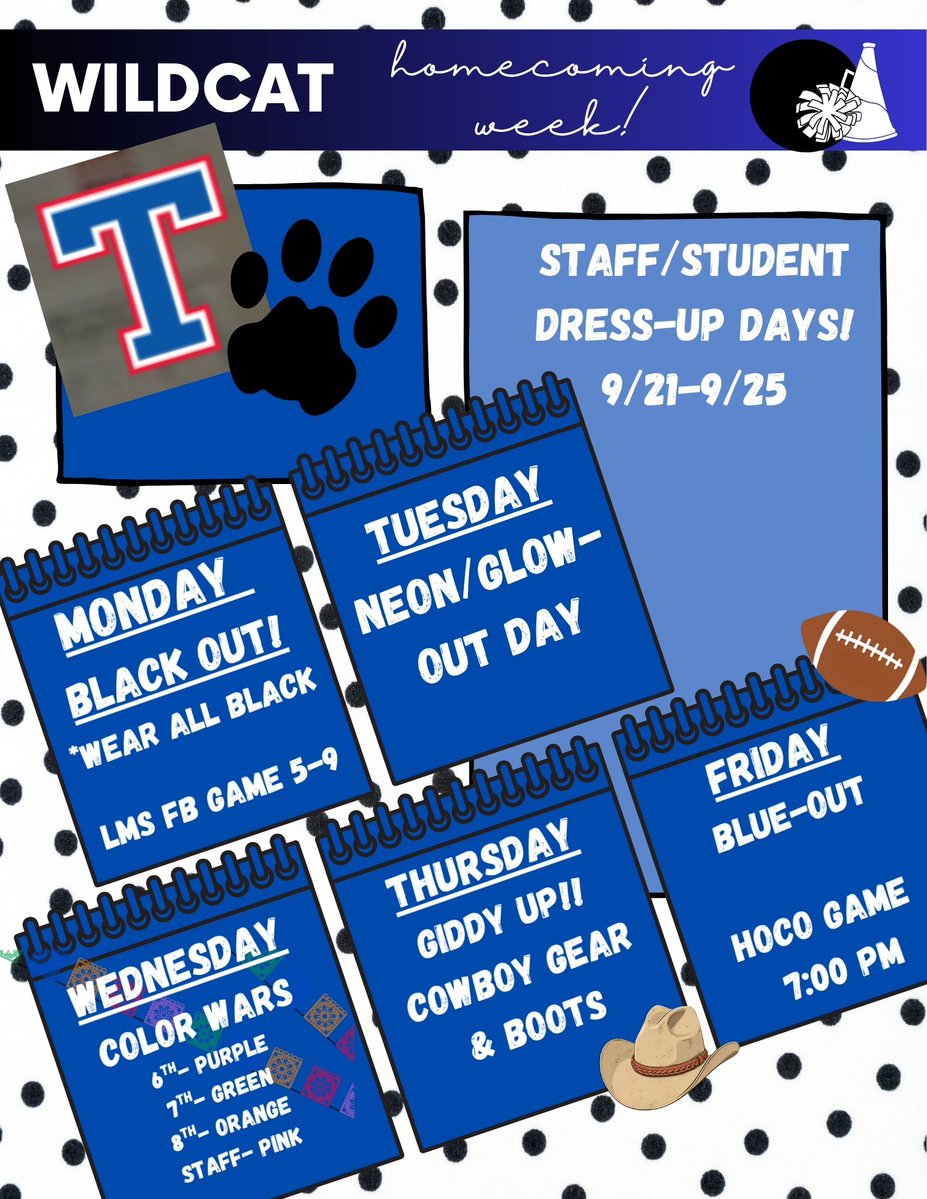 LamarTISD's tweet photo. Incoming! Homecoming theme week is here! ๐ฃ
Dress and impress your friends with the following themes to support the Wildcats! ๐๐
#homecomingweek #WildcatPride https://t.co/PHjgfgelpy