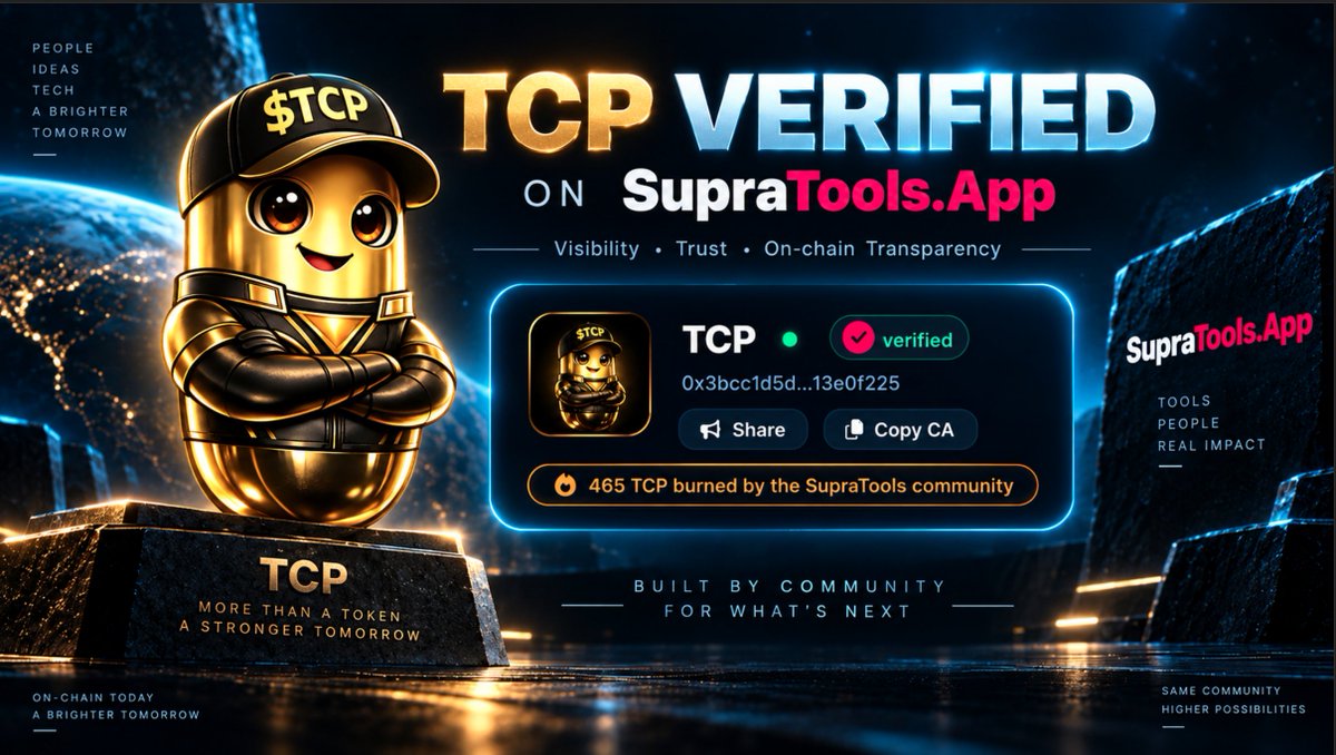 The_Crypto_Pill's tweet photo. TCP is now officially verified on @supratoolsapp  ✅

Really happy to see another piece of the TCP profile come together inside the Supra ecosystem.

Verified profile.
On-chain activity.
Rankings.
Wallet data.
Community visibility.

A big thank you to the @supragainz  team for the support and for verifying us.
Tools like this help projects become easier to discover, compare and understand.
I wouldn’t be surprised if we see this dApp on @Starkey_wallet soon.

TCP keeps building and staying active across Supra.

$TCP supra:native #TCP #SUPRA #SupraTools