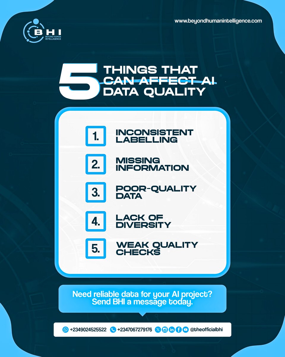 theofficialbhi's tweet photo. Good AI starts with good data.
Small issues in your data can affect how well an AI system performs, which is why quality, consistency, and proper review matter.

At BHI, we help businesses prepare and manage data for different AI needs.
. https://t.co/jPPJzQrSwo