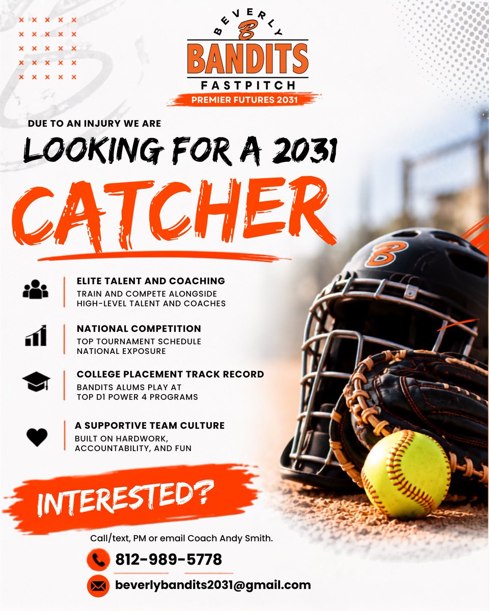 BevBandits2031's tweet photo. 🥎 CATCHER OPPORTUNITY 🥎

Due to injury, Beverly Bandits Futures 2031 Smith is looking to add a talented, driven catcher to our roster.

This is an opportunity to become part of one of the most respected organizations in fastpitch softball - an organization with a proven track record of developing athletes who go on to compete at the collegiate level.

Our players are surrounded by teammates who work hard, compete hard and are serious about getting better. We’re looking for a catcher who brings that same mentality and wants to be challenged alongside other dedicated, high-level athletes.

🔥 National-level competition
🔥 High-level coaching and development
🔥 Teammates committed to putting in the work
🔥 A proven organization with a strong history of preparing athletes for the next level
🔥 Distance is not an issue. Current players span 7 states.

If you’re a 2031 catcher looking for the right place to compete, develop and be surrounded by athletes with big goals, we’d love to hear from you.

📩 Email beverlybandits2031@gmail.com or contact Coach Andy at (812) 989-5778 for more information or to set up a private workout.