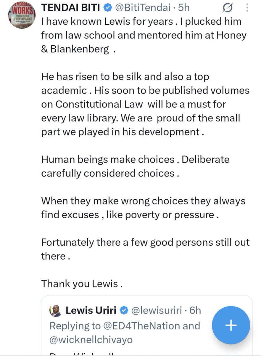 1changamire's tweet photo. Zimbabwe is a funny place. The mentor is praising the mentee for refusing monetary gifts, apparently presenting this as a lesson in integrity. Meanwhile, the same mentor once shamelessly accepted a US$40,000 “loan” under remarkably similar circumstances. https://t.co/cAlugMcywJ