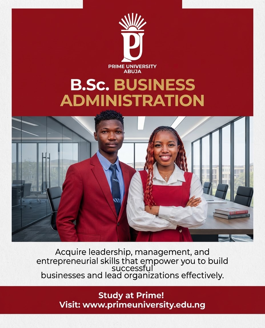 PrimeUniAbj's tweet photo. Great #businesses don't happen by chance, they are built by visionary #leaders, strategic #thinkers, and innovative #managers.

In an increasingly competitive and technology-driven world, organisations need professionals who can lead teams, drive growth, solve complex business challenges, and create sustainable value.

@PrimeUniAbj , our https://t.co/dzb4n02HQ6. Business Administration programme equips you with the knowledge, leadership skills, and entrepreneurial mindset required to succeed in today's dynamic business environment.

Gain practical expertise in management, marketing, human resource management, entrepreneurship, operations, business strategy, organisational behaviour, and decision-making while learning how to transform ideas into successful ventures and thriving enterprises.

Study at Prime!
Visit: https://t.co/W5St0bcCIQ

#PrimeUniversityAbuja #BusinessAdministration #BScBusinessAdministration #Entrepreneurship #BusinessLeadership #Management #FutureReadyGraduates #PrimeAdvantage #IncubatingTheFuture #BusinessInnovation #LeadershipDevelopment