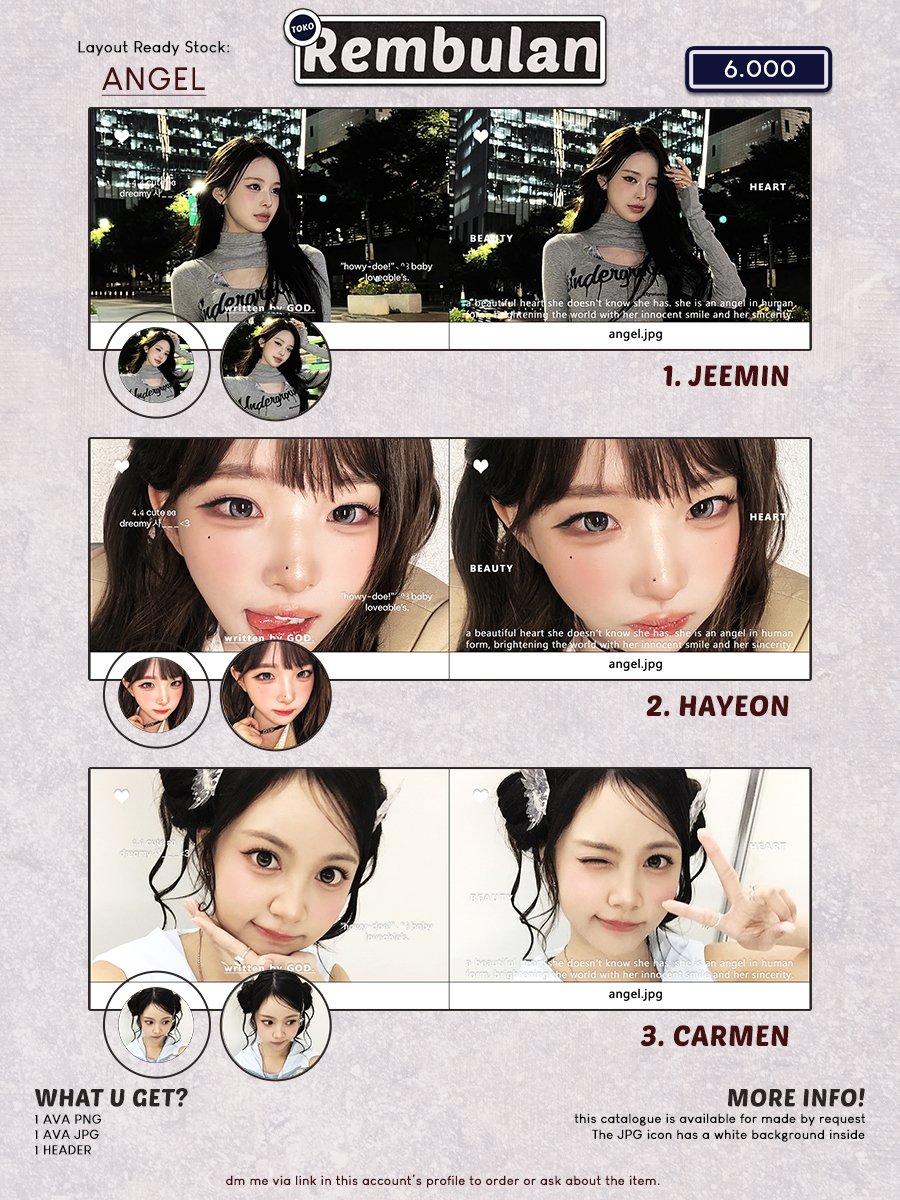kisseucatto's tweet photo. Help repost, please? Tysm! 🥺🫶🏻

Temang-timung, aku ada katalog baru untuk made by req dan ready stock yaitu ANGEL, by req 5k &amp; rs 6k. Katalog ini akan dapat ava JPNG, yaa. Bisa juga buat cowok cowok nyimup! :3

Layout rs avail:
Jeemin, Hayeon, Carmen.
(Juun nfs yup)

#zonauang https://t.co/Xc5Al4xu0L