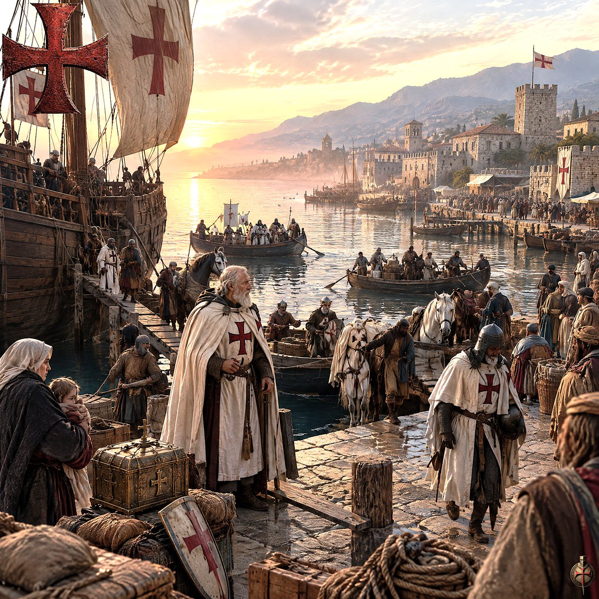ClaraV94746's tweet photo. Image showing the arrival of the Knights Templar in Cyprus and their disembarkation at the port of Limassol. Arrival at the port at dawn. https://t.co/RFGc0bEfxn