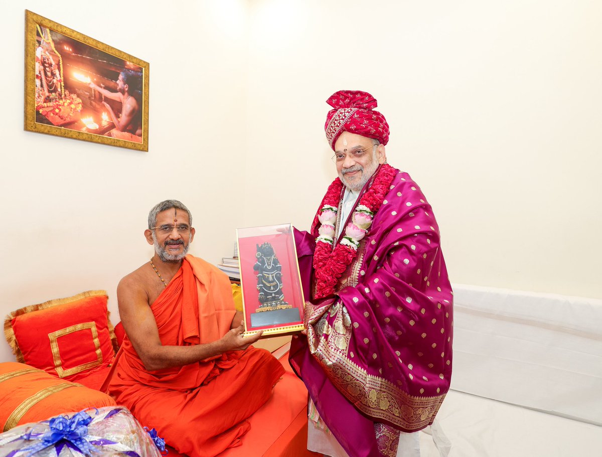 AmitShah's tweet photo. Profoundly fortunate to have met the revered saint of Pejawar Mutt, Paramapujya Sri Vishwaprasanna Teertha Swamiji, and to have sought his blessings during the 39th holy Chaturmasya Vrata in Delhi.

The sacred ritual of Chaturmasya Vrata in our culture introduces us to the highest virtue of renunciation, practiced by our revered ascetics through meditation, restraint, and inner awakening. May Swamiji's inner light continue to illuminate the path for humanity.
