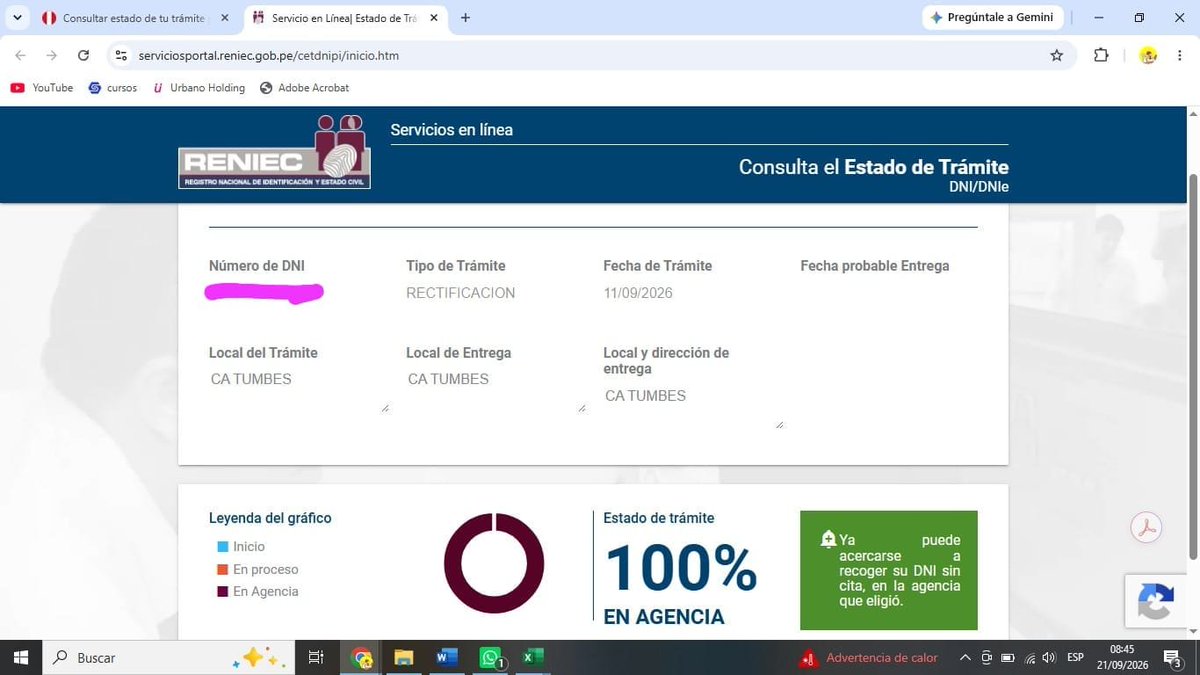 Meryloya's tweet photo. @ReniecPeru consulta , ya puedo recoger mi DNI cuando el estado de tramite me indica 100%? o tiene q indicarme la fecha de entrega? https://t.co/3eqbKTEuIf