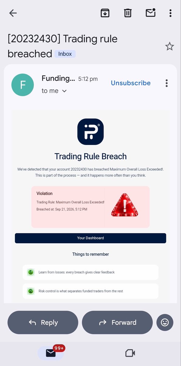 Abdullahfxx's tweet photo. After receiving over $9,000 in payouts from this account, it has finally been breached due to exceeding the maximum daily loss. 💔📉
@fundingpips

Honestly, I don’t have many words for this one. The account was up $2,000 and I was ready to request another payout, but I decided to continue trading to make more—and unfortunately, that decision cost me the account. 😔📊