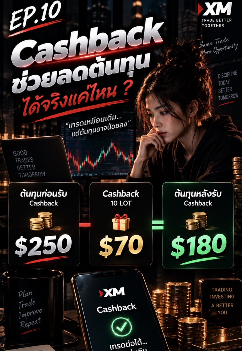 XMTRD1's tweet photo. EP.10 — Cashback ช่วยลดต้นทุนได้จริงแค่ไหน? 💸

“ได้เงินคืน” กับ “ลดต้นทุน” เหมือนกันไหม?

ลองดูตัวอย่างง่าย ๆ 👇

สมมติว่าเทรดไป 10 LOT
และโปรแกรมกำหนด Cashback ตัวอย่างที่ $7 / LOT

ดังนั้น

10 LOT × $7 = $70 Cashback

ถ้าสมมติว่าต้นทุนการเทรดทั้งหมดของรายการนั้นอยู่ที่ $250

เมื่อได้รับ Cashback $70 ตามเงื่อนไข
ก็จะเหลือต้นทุนสุทธิในตัวอย่างนี้ประมาณ

$250 − $70 = $180

แต่ต้องจำไว้ว่า นี่เป็นเพียงตัวอย่างเพื่ออธิบายวิธีคิด ไม่ใช่การรับประกันว่าเทรด 10 LOT แล้วจะได้ $70 หรือว่าต้นทุนจริงจะเป็น $250

ต้นทุนจริงต้องดูจาก
✅ Spread
✅ Commission
✅ Swap
✅ ประเภทบัญชี
✅ สินทรัพย์ที่เทรด
✅ เงื่อนไข Cashback

Cashback จึงควรมองเป็นสิทธิประโยชน์ที่อาจช่วยชดเชยต้นทุนบางส่วน ไม่ใช่กำไรจากการเทรด

👉 EP.11 — แล้ว Cashback คิดจาก “Lot” ยังไง? ทำไม 0.01 LOT ถึงมีความหมาย?

#Cashback #Trading #Forex #เทรดทอง #XAUUS