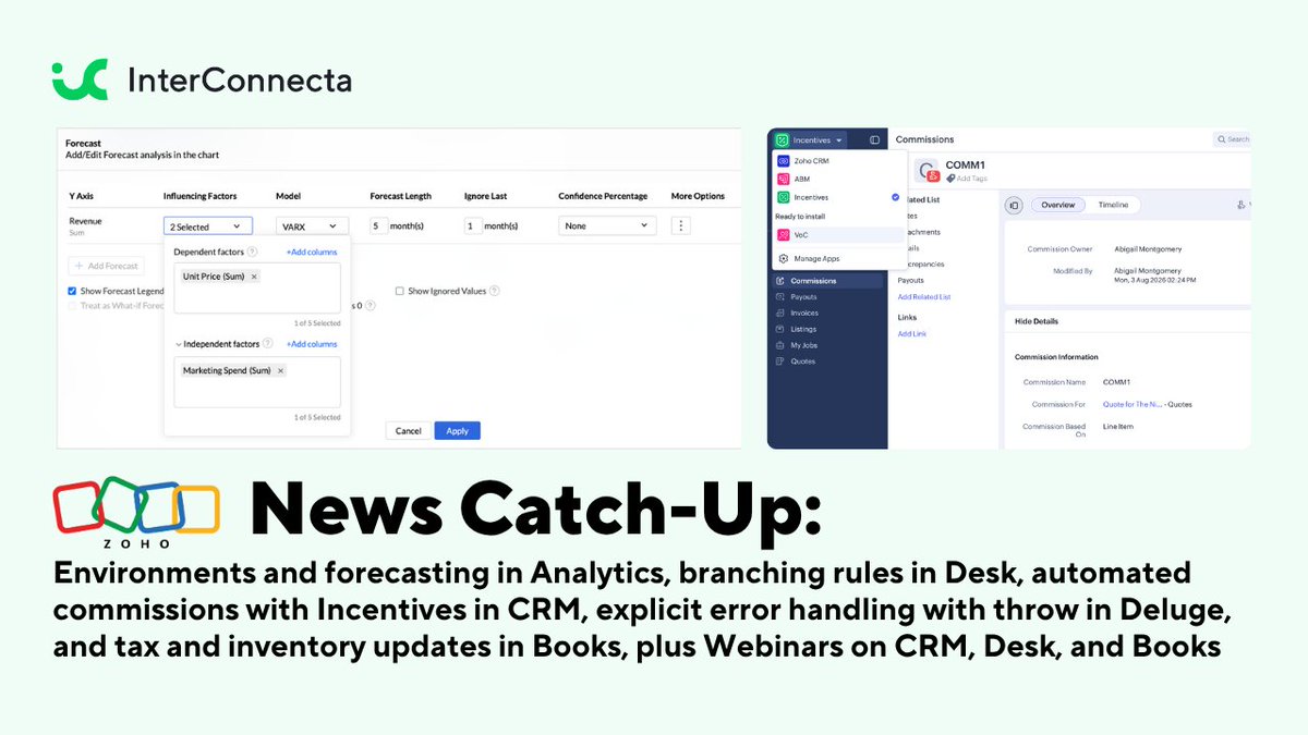 Interconnecta's tweet photo. 📬 Our September newsletter edition.
Environments and forecasting in Analytics, conditional branching in Desk, Incentives in CRM, error handling in Deluge, and Books updates.
Read the full edition here:
https://t.co/WX1YEWZxHr
Happy reading! 📖
#Zoho #InterConnecta #Newsletter https://t.co/OsRxixBt6x