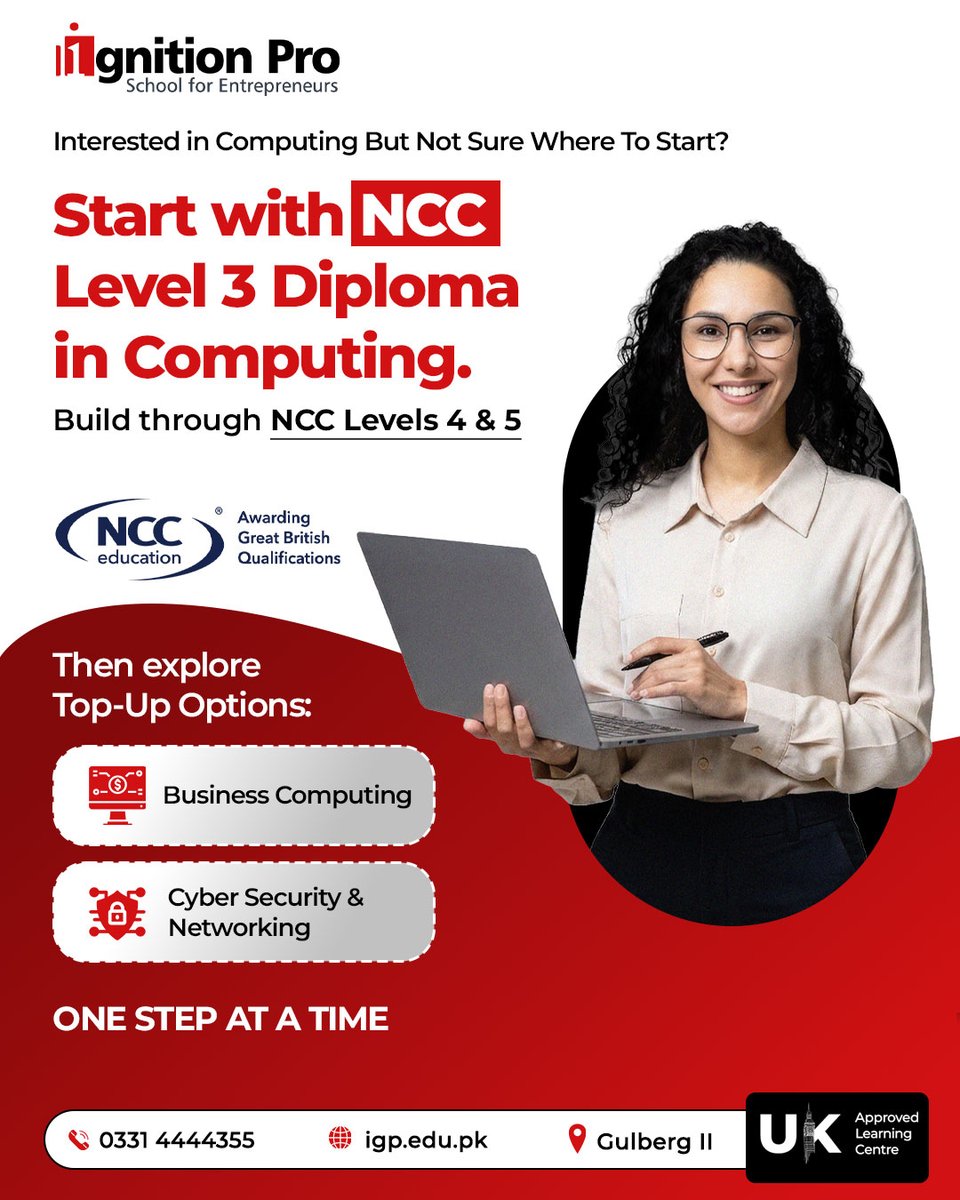 ignition_pro's tweet photo. You do not need your whole computing journey figured out from day one.
Start with Level 3, progress through Levels 4 and 5, then explore an eligible BSc (Hons) Top-Up Degree.
September 2026 Admissions Open.
0331 4444355 | https://t.co/lHXp9UQbDQ
#IgnitionPro #NCC #Computing https://t.co/bYkJRDtcrB