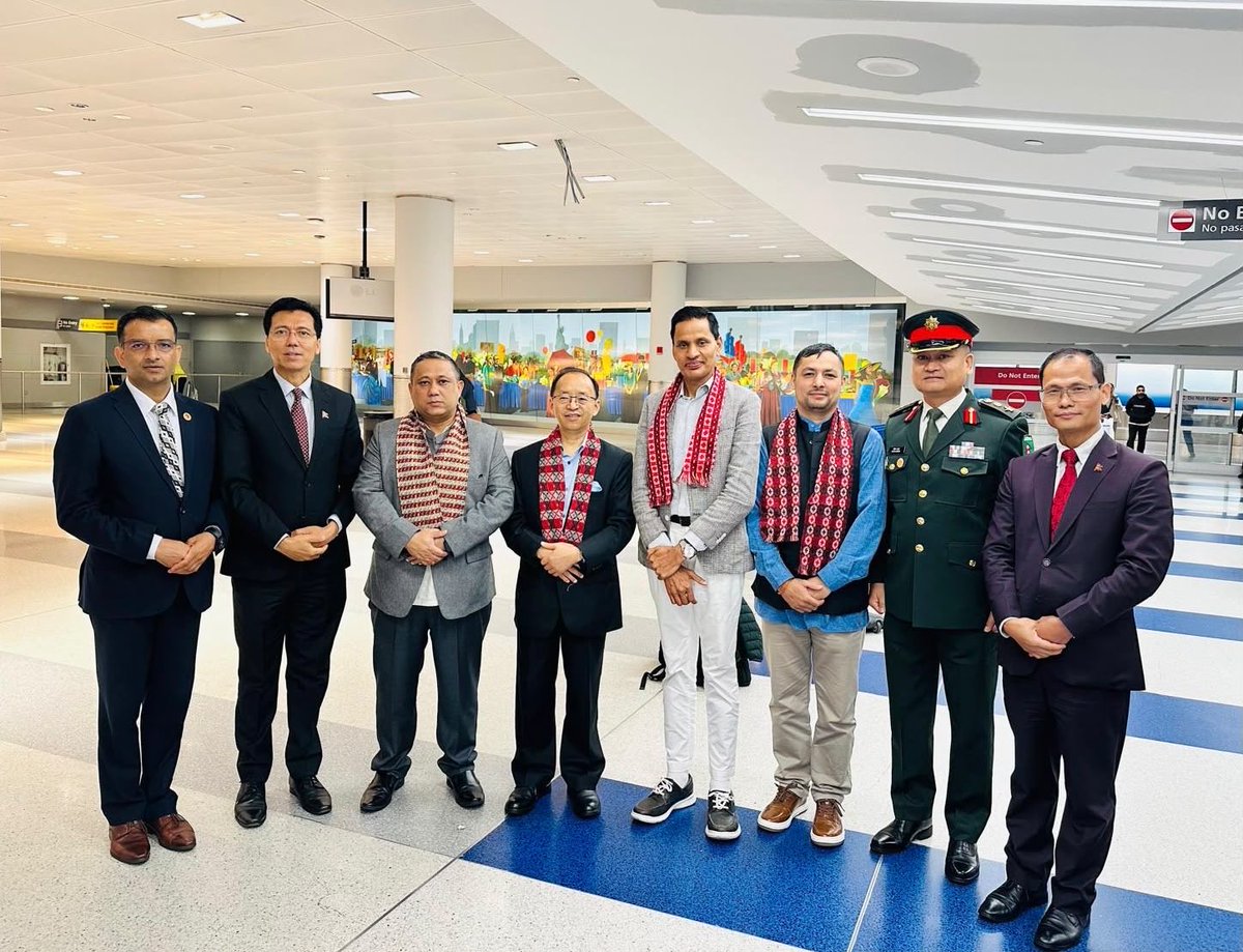 NepalUNNY's tweet photo. Hon. Foreign Minister Mr. Shisir Khanal @shisir, accompanied by members of the Nepali delegation, arrived in New York this morning to attend the #HighLevelWeek of the 81st Session of the UN General Assembly #UNGA81#.

H.E. Mr. Lok Bahadur Thapa @LokThapa2071, Permanent Representative of Nepal to the UN, Mr. Dadhiram Bhandari, Consul General of Nepal in New York, and other Mission officials welcomed the Foreign Minister at JFK International Airport.

The Foreign Minister is scheduled to hold bilateral meetings later this afternoon.