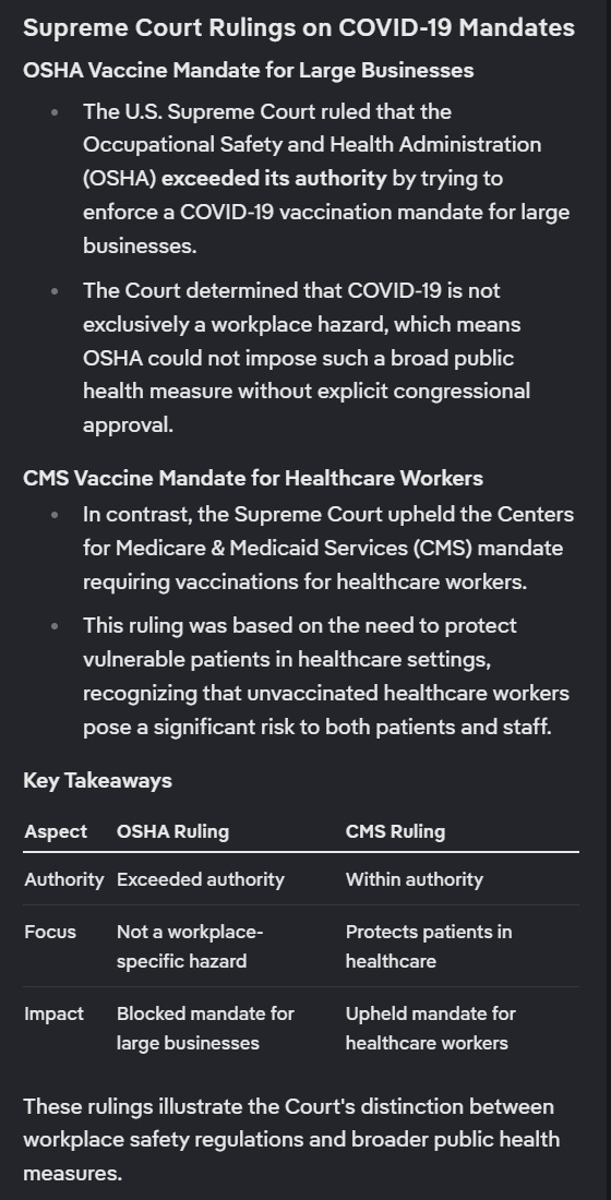 yo24737874's tweet photo. @shacreva @PaulGoldEagle This case was specifically about OSHA mandating to all large businesses that they require their employees to get the COVID vaccine. Remember that farce??  The court ruled it WAS NOT LEGAL! https://t.co/SL3e1lG8q0